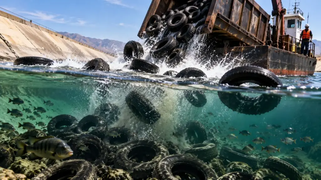 Cientistas colocam pneus descartados no fundo de canais de concreto na Califórnia e no Arizona, criam recifes artificiais que devolvem sombra e abrigo à vida aquática e registram cerca de 3 vezes mais invertebrados e 20 vezes mais peixes nas áreas modificadas do que nos trechos lisos