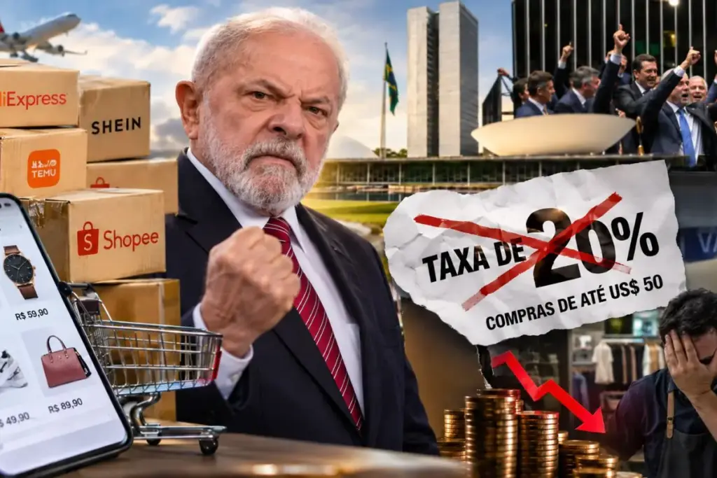 Cinco dias antes de a taxa das blusinhas voltar sozinha, o Congresso enterrou os 20% sobre compras de até US$ 50 no e-commerce asiático: Lula ganha a bandeira, o governo perde uma fonte que rendeu R$ 10 bilhões em dois anos e o varejo fala em R$ 5 bilhões de perda até 2028