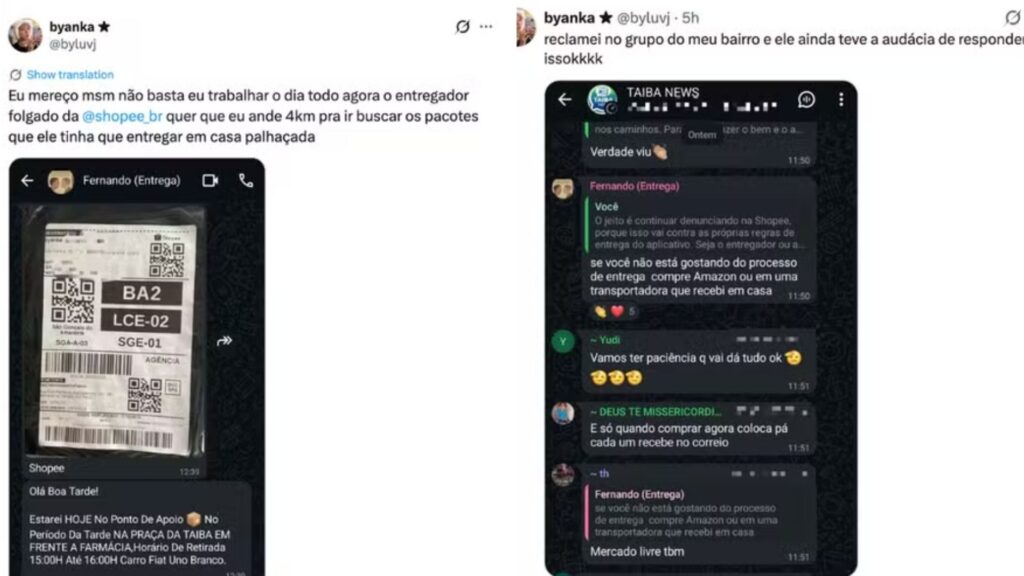Cliente compra pela Shopee esperando receber em casa, mas entregador manda mensagem pedindo retirada a 4 km de distância, pedidos aparecem como entregues mesmo sem serem buscados e caso viraliza até plataforma bloquear o profissional após reclamações de moradores