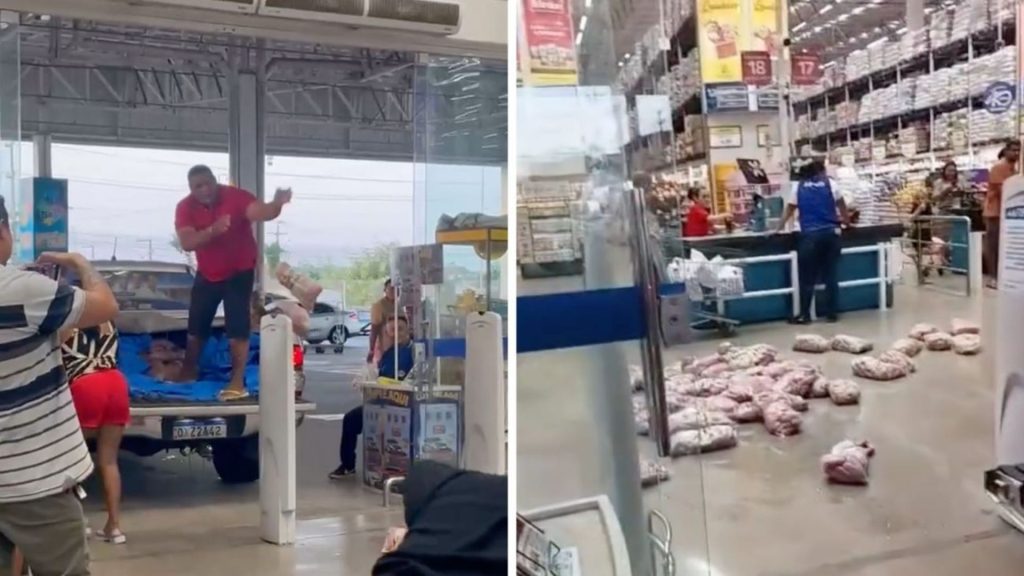 Cliente compra quilos de linguiça em supermercado, afirma que os produtos estavam estragados, para a caminhonete na entrada da loja e joga os pacotes no chão durante a devolução, enquanto uma mulher grava a cena e comenta surpresa: “tudo pôdi”