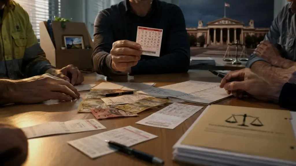 Colegas fazem bolão semanal de Powerball, entregam US$ 20 cada ao responsável pelas apostas e, após sorteio de US$ 50 milhões, descobrem que ele ficou com uma das cotas de US$ 16,7 milhões, pediu demissão dias depois e passou a dizer que o bilhete premiado havia sido comprado separadamente