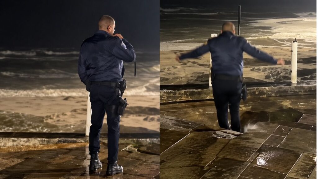 Cratera se abre sob os pés de guarda municipal na orla de Praia Grande durante chuva forte, engole o agente diante das câmeras e transforma uma ronda em segundos de tensão, mas ele consegue sair sozinho e sem ferimentos enquanto a prefeitura aponta rompimento de adutora e mantém o trecho isolado