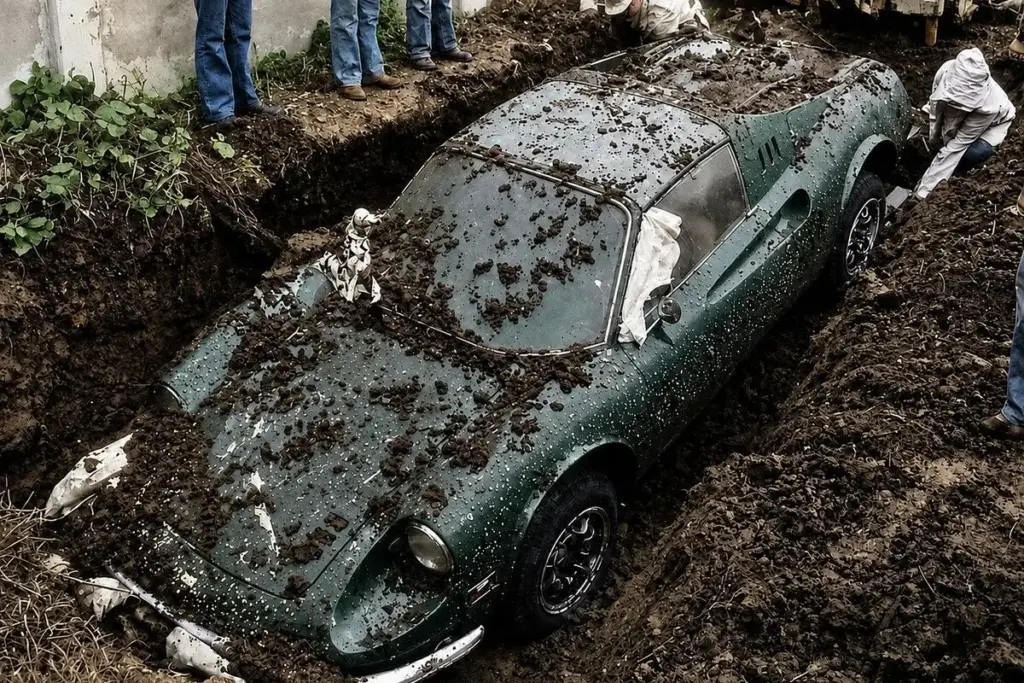 Crianças brincam de cavar no jardim de casa em Los Angeles em 1978, as pás batem no que parecia o teto de um carro e a polícia desenterra uma Ferrari Dino 246 GTS coberta com plástico e cobertores, enterrada havia 4 anos por ladrões num golpe de seguro que nunca voltaram para concluir