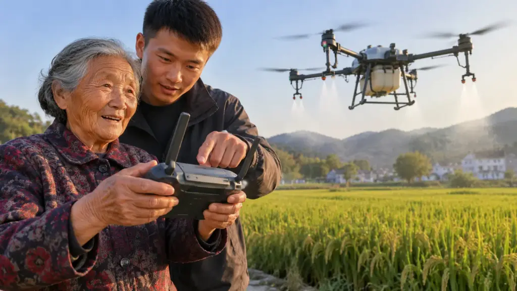 Aos 82 anos, agricultora aprende a controlar drone agrícola com ajuda do neto, auxilia no processo da pulverização do campo e ainda vende arroz e óleo em transmissões ao vivo