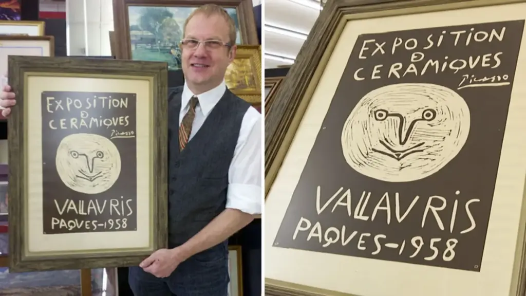 Desempregado de 46 anos paga US$ 14,14 pelo que imaginava ser um cartaz comum de exposição, pesquisa marcas vermelhas quase apagadas e descobre uma possível gravura assinada por Pablo Picasso, vendida posteriormente a um comprador particular por US$ 7 mil