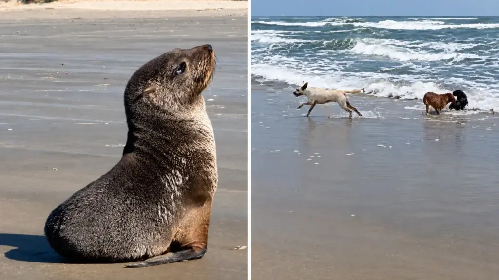 Lobo-marinho aparece em Santa Catarina, é cercado e atacado por cães dentro do mar, tenta escapar enquanto animais o puxam de volta e pescador entra em ação para afastá-los antes que situação termine de forma muito pior