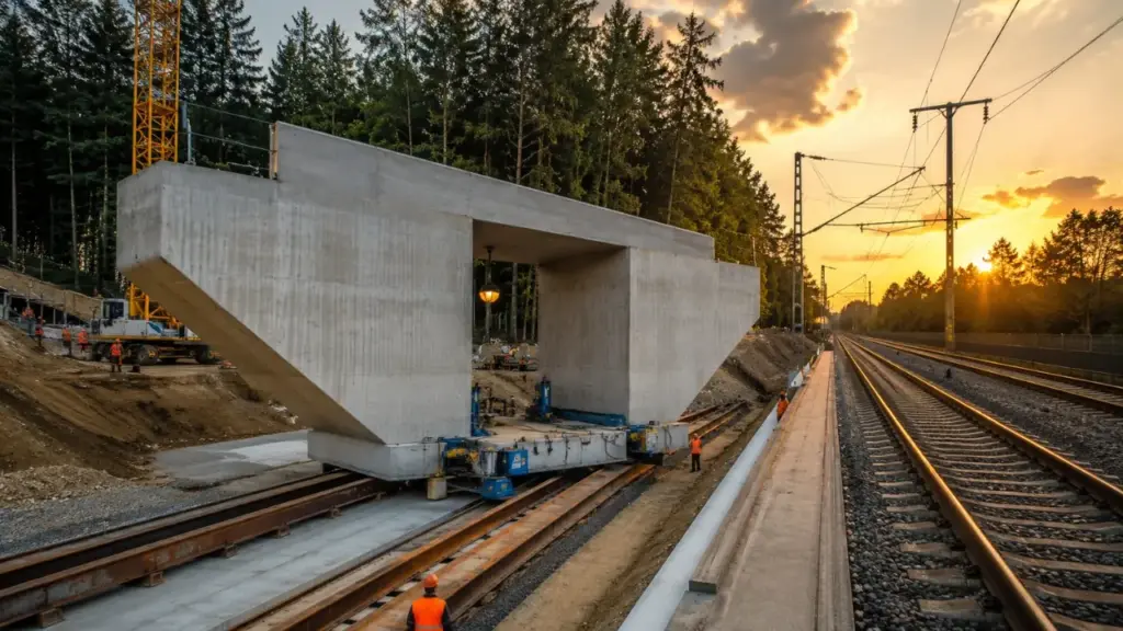 Para evitar meses de obra sobre os trilhos, Alemanha constrói ponte ferroviária de 800 toneladas ao lado da linha e depois move toda a estrutura por quase 30 metros em um incomum ângulo de 115 graus durante uma única operação