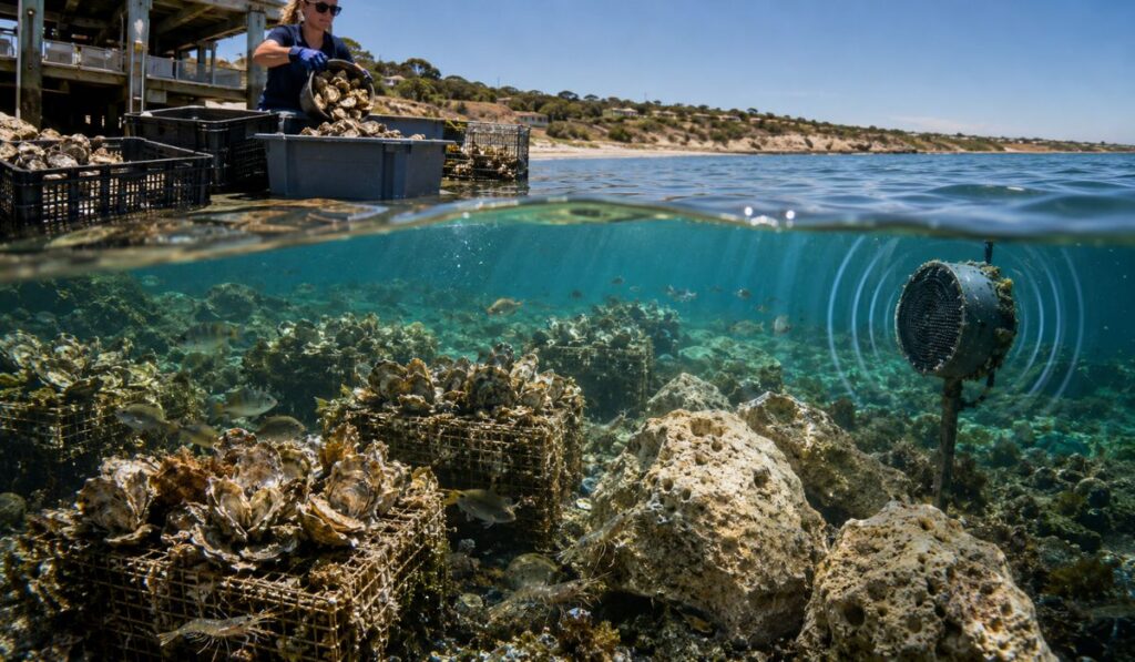Austrália pede que moradores comam ostras e devolvam as conchas para reconstruir 1.500 km de recifes desaparecidos usando gaiolas biodegradáveis, pedras calcárias e alto-falantes submarinos que tocam sons no fundo do mar