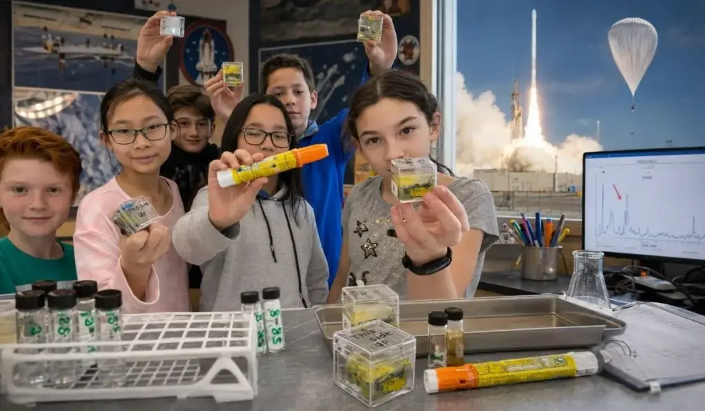 Enquanto adultos estudavam como viver no espaço, crianças do ensino fundamental decidiram colocar canetas de adrenalina em foguete e balão, lançaram o medicamento ao espaço com apoio da NASA e descobriram algo alarmante na volta: parte da epinefrina havia se decomposto em compostos potencialmente tóxicos