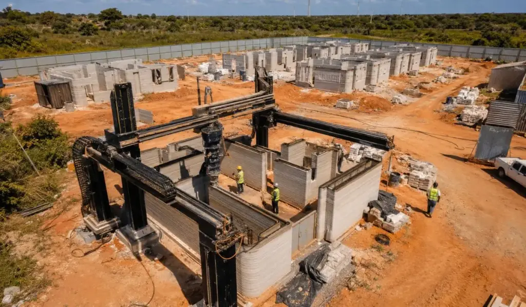Fim dos pedreiros humanos em parte da obra: Quênia coloca uma gigantesca impressora 3D para “cuspir” concreto, ergue paredes de casas de dois quartos em apenas 18 horas, imprime 10 moradias em 10 semanas e tenta transformar uma única máquina em fábrica de um bairro inteiro com 52 casas