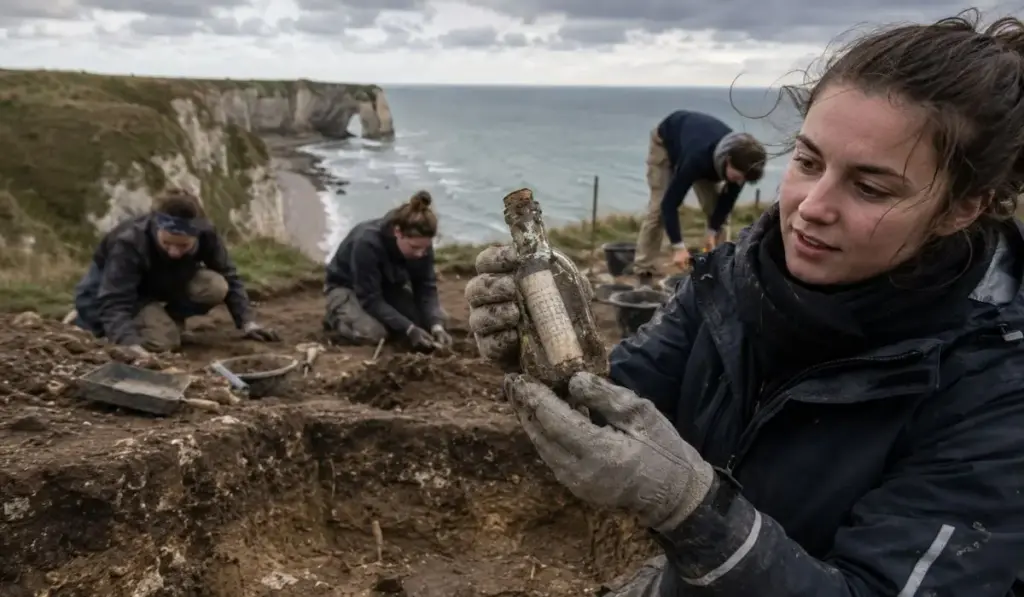 Estudantes escavam antiga vila gaulesa no alto de um penhasco francês e encontram uma pequena garrafa enterrada, mas o que estava dentro surpreende até os arqueólogos: uma mensagem deixada em 1825 por outro pesquisador que cavou exatamente o mesmo lugar quase 200 anos antes