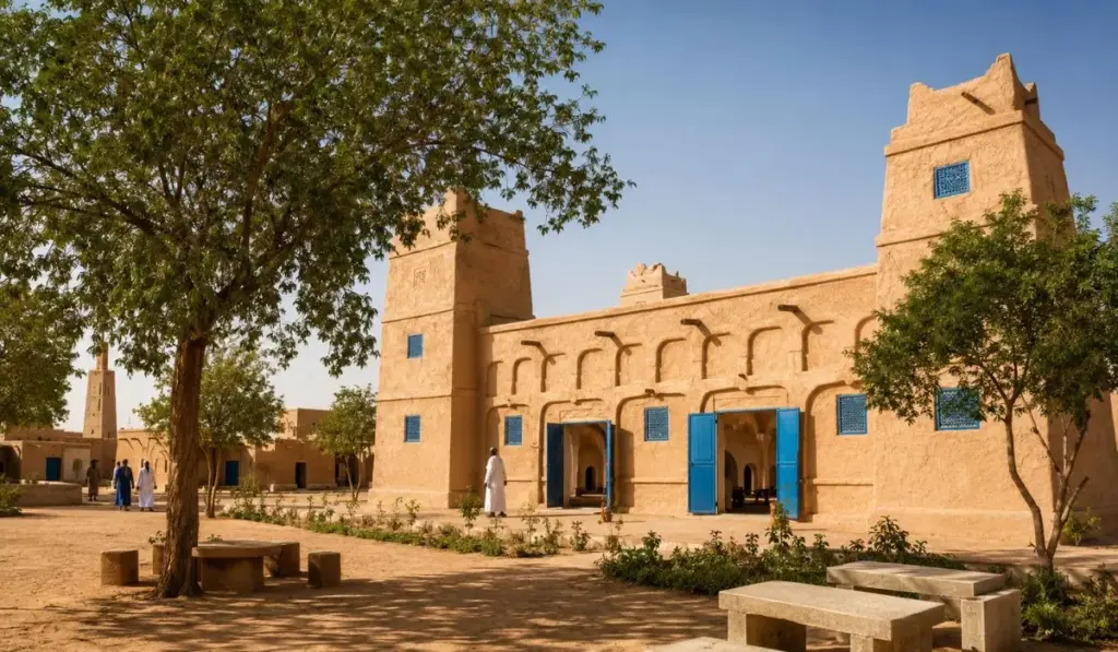 Quando o Saara passa dos 45°C no Níger, mesquita faz tijolos de terra, tetos altos e um jardim cheio de árvores trabalharem juntos como sistema de resfriamento e mantém o interior até 15°C mais fresco sem ar-condicionado