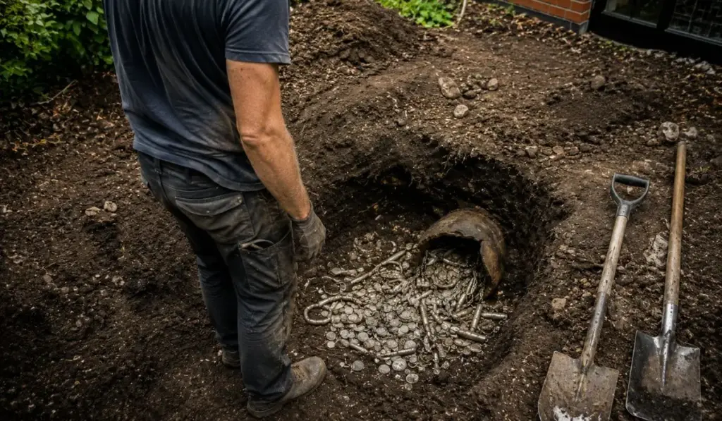 Morador começa a cavar o quintal para construir um terraço, esbarra em algo que pensa ser ferro velho, mas começa a puxar um objeto de prata atrás do outro até descobrir um vaso repleto de moedas, joias e barras que somam 18,5 kg e formam o maior tesouro viking já encontrado na Dinamarca: “A maior surpresa da minha vida” Morador começa a cavar o quintal para construir um terraço, esbarra em algo que pensa ser ferro velho, mas começa a puxar um objeto de prata atrás do outro até descobrir um vaso repleto de moedas, joias e barras que somam 18,5 kg e formam o maior tesouro viking já encontrado na Dinamarca: “A maior surpresa da minha vida”