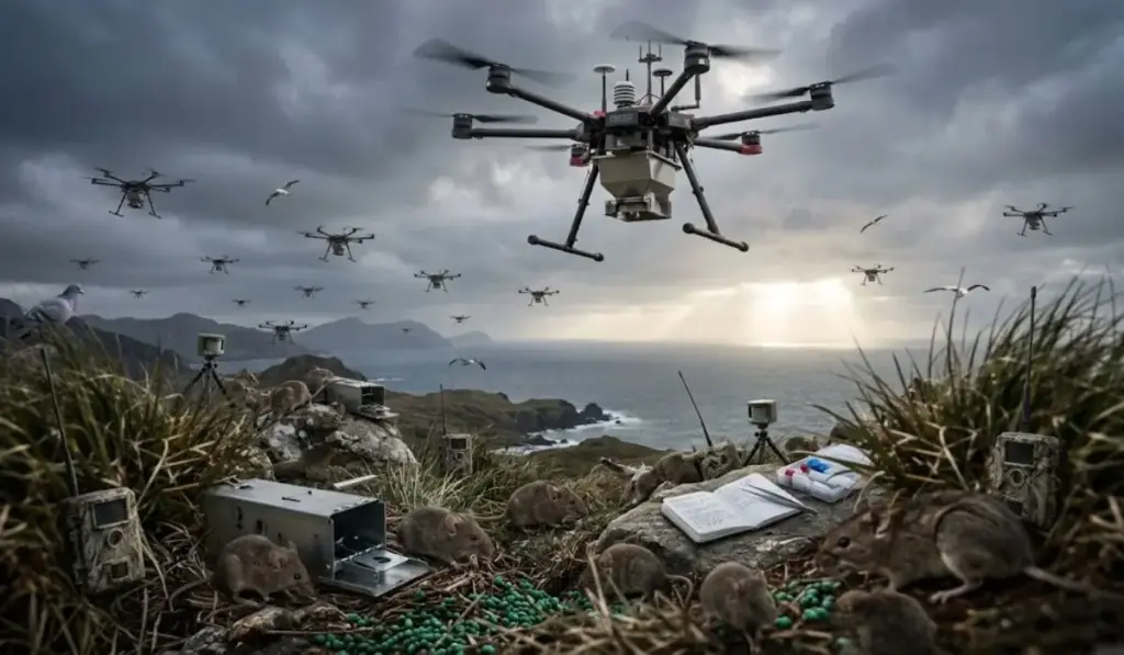Austrália declara guerra a camundongos em ilha 450 km mar adentro, coloca hexacóptero para despejar 700 kg e mais de 266 mil iscas contra invasores que dominavam o local havia mais de um século e, seis meses depois, caçada com 400 armadilhas, câmeras e scanners térmicos não encontra nenhum restante