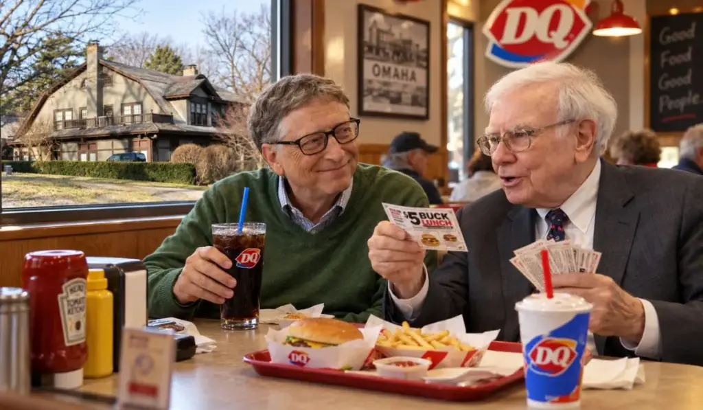 Com fortuna superior a US$ 140 bilhões e entre os homens mais ricos do mundo, Warren Buffett chega aos 96 ainda morando na casa centenária que escolheu para criar a família em Omaha, comprada por apenas US$ 31,5 mil em 1958, diz que não a trocaria por nenhuma outra, frequenta o McDonald’s e até já pagou refeição com Bill Gates usando cupons