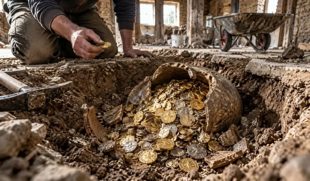 Casal quebra piso da cozinha durante reforma, cava quase 60 centímetros sob o concreto e picareta acerta um velho pote enterrado, fazendo surgir mais de 1.000 moedas de ouro e prata escondidas sob a casa havia cerca de 400 anos, e o tesouro acaba vendido por R$ 421 mil em leilão