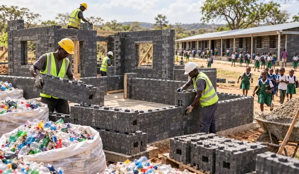 Colômbia pega toneladas de plástico que iriam para o lixo, transforma tudo em blocos gigantes que se encaixam como Lego e consegue levantar a estrutura de uma casa de dois quartos em apenas 5 dias, usando cerca de 6 toneladas de resíduos, antes de levar a tecnologia à África e transformar mais de 4 mil toneladas em 550 salas de aula Colômbia pega toneladas de plástico que iriam para o lixo, transforma tudo em blocos gigantes que se encaixam como Lego e consegue levantar a estrutura de uma casa de dois quartos em apenas 5 dias, usando cerca de 6 toneladas de resíduos, antes de levar a tecnologia à África e transformar mais de 4 mil toneladas em 550 salas de aula