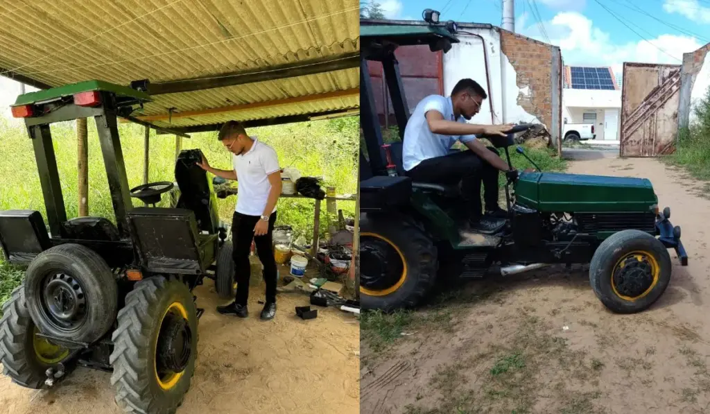 Aos 19 anos, estudante da EJA no interior da Bahia que aprendeu mecânica praticamente sozinho junta sucata, motor de motocicleta, diferencial de Chevette e até tanque de casa de farinha e, após ouvir de algumas pessoas que não conseguiria, constrói com as próprias mãos um trator artesanal capaz de trabalhar no campo