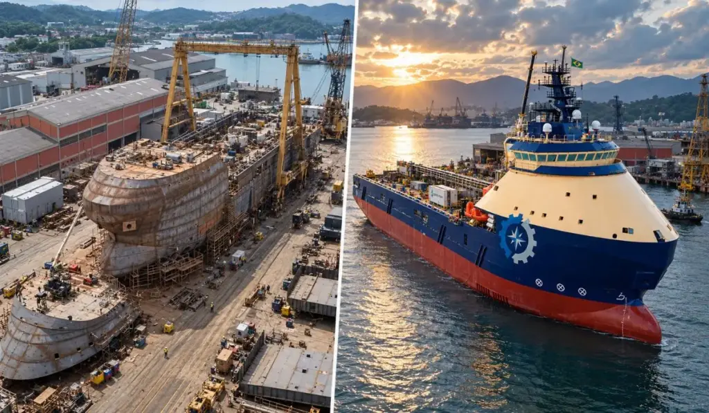 Brasil faz surgir em Santa Catarina um navio gigante de R$ 450 milhões, 92 metros e quase 9 mil toneladas, equipa embarcação com baterias e “diesel verde” e prepara entrega à Petrobras dois anos antes do previsto