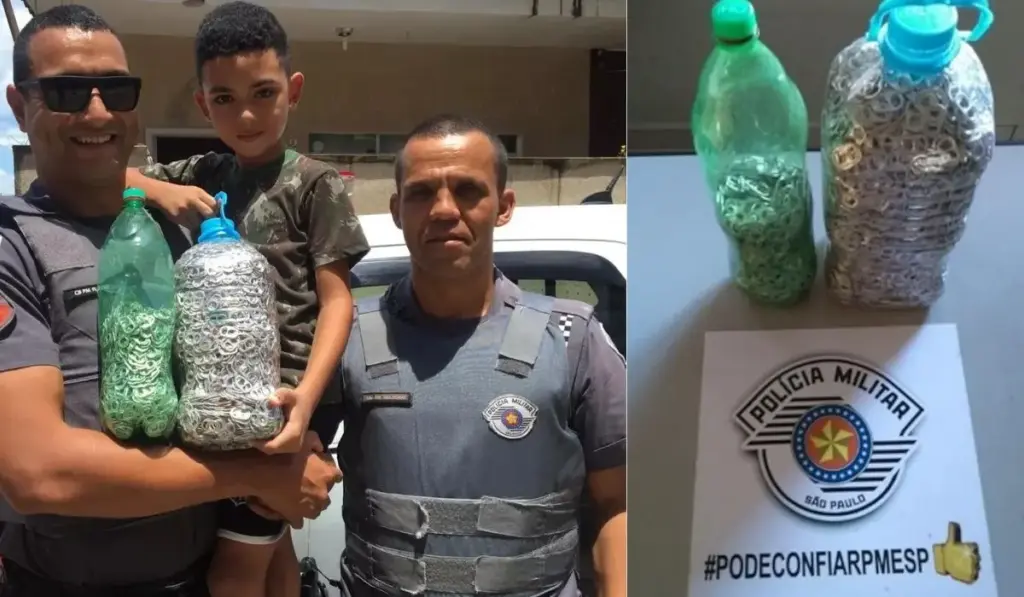 Aos 7 anos, menino passa seis meses recolhendo 2,2 kg de lacres de latinhas por onde anda no interior de São Paulo, pega peças nas ruas, em churrascos de família e em todos os cantos que encontra e faz questão de entregar tudo pessoalmente a policiais para ajudar campanha que transforma alumínio descartado em cadeira de rodas Aos 7 anos, menino passa seis meses recolhendo 2,2 kg de lacres de latinhas por onde anda no interior de São Paulo, pega peças nas ruas, em churrascos de família e em todos os cantos que encontra e faz questão de entregar tudo pessoalmente a policiais para ajudar campanha que transforma alumínio descartado em cadeira de rodas