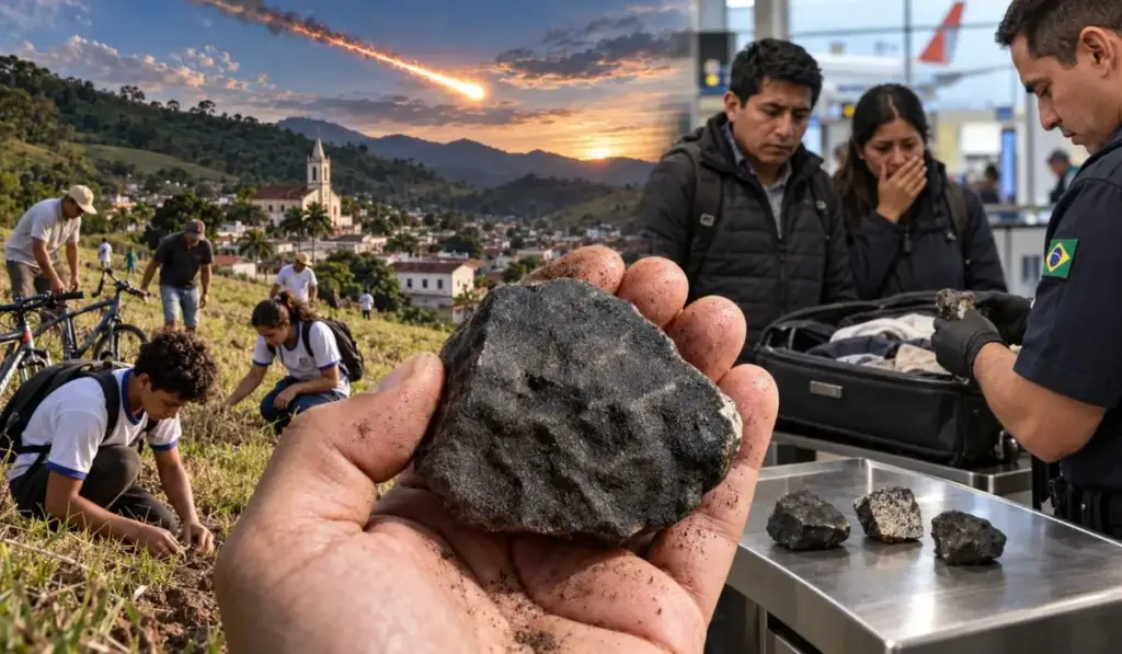 Bola de fogo cruza o céu de pequena cidade do Rio, meteorito se despedaça e transforma Varre-Sai em destino de caçadores de pedras espaciais, prefeito oferece bicicletas a estudantes que acharem fragmentos e casal boliviano acaba detido no aeroporto tentando levar três pedaços