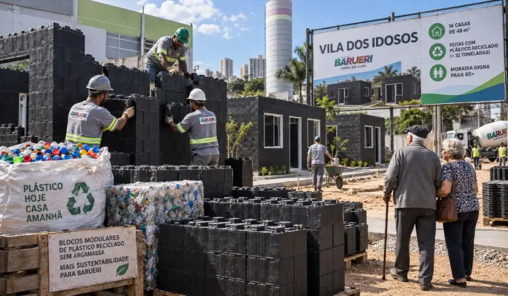 Brasil transforma cerca de 32 toneladas de plástico reciclado em uma vila inteira para idosos em Barueri, encaixa blocos intertravados sem argamassa e faz surgir 16 casas de 48 m² pensadas para moradores acima de 60 anos