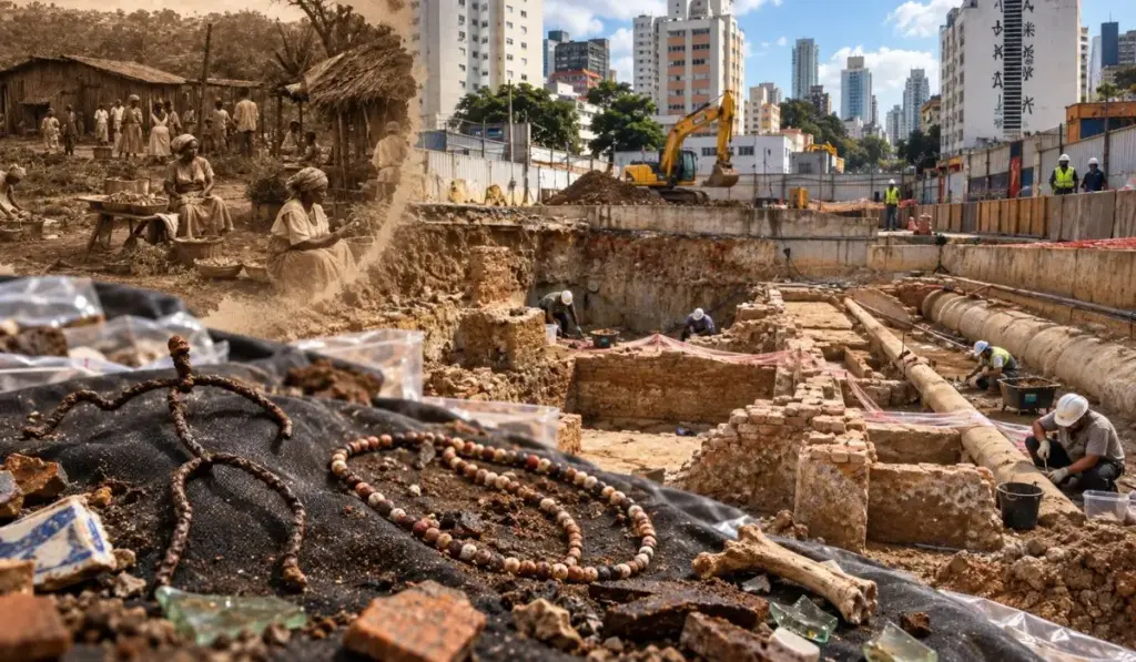 Debaixo de um dos bairros mais tradicionais de São Paulo, obras do metrô encontram cerca de 110 mil peças e revelam vestígios de um espaço de culto afro-brasileiro a 2,2 metros de profundidade, em área associada à memória negra da cidade e que pode ter relação com quilombo do século XIX