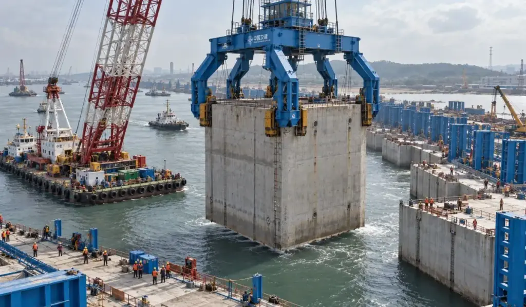 China cria uma “máquina de pegar brinquedos” gigante para erguer caixões colossais de concreto de 1.540 toneladas e 18 metros, usa satélites para encaixá-los com precisão no mar e instala 75 em pouco mais de dois meses