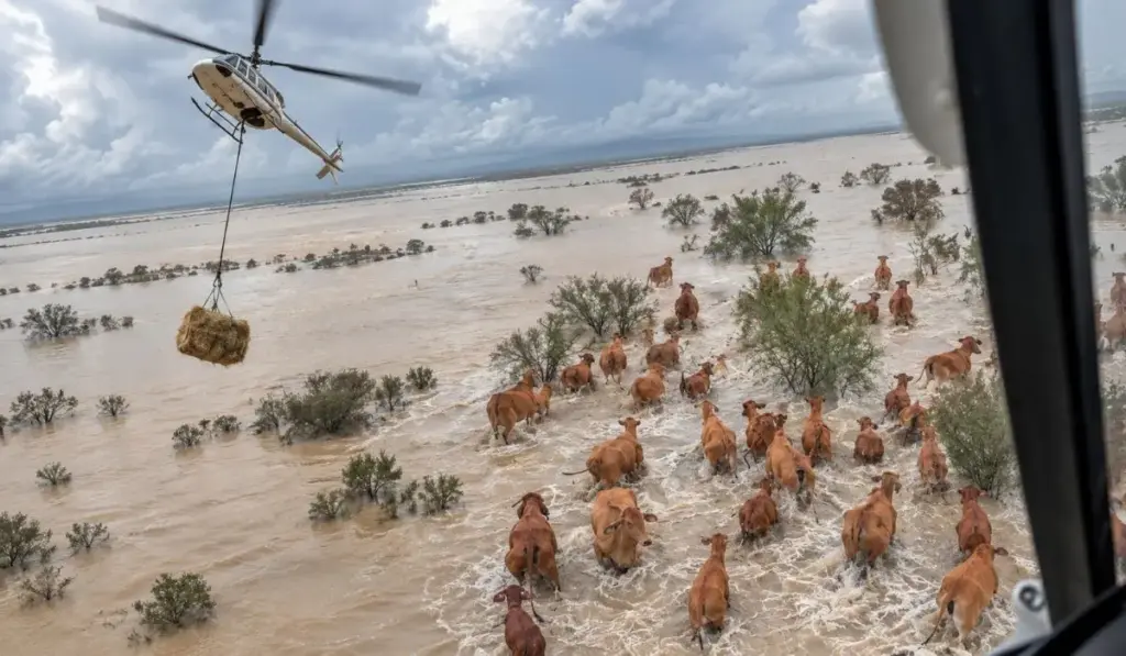Helicópteros despejam fardos de feno sobre rebanhos isolados na Austrália após enchentes transformarem quilômetros do interior em um verdadeiro “mar”, cortarem estradas, trilhos e pistas e deixarem comunidades inteiras cercadas pela água Helicópteros despejam fardos de feno sobre rebanhos isolados na Austrália após enchentes transformarem quilômetros do interior em um verdadeiro “mar”, cortarem estradas, trilhos e pistas e deixarem comunidades inteiras cercadas pela água