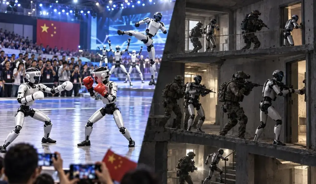 Robôs que dançavam e boxeavam diante do público entram na mira do Exército chinês, que prepara humanoides para reconhecimento, infiltração e combate e já simula seis máquinas limpando prédios andar por andar ao lado de soldados