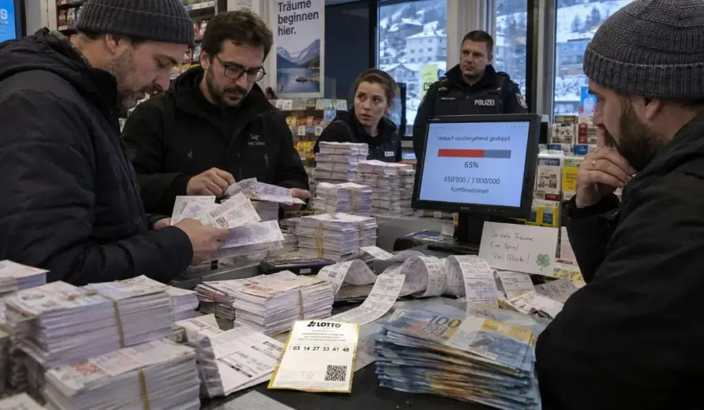“Gangue da loteria” tenta comprar todas as 1 milhão de combinações de um jogo na Suíça, despeja cerca de R$ 8,1 milhões em apostas até movimentação fora do normal levantar suspeitas e operadora bloquear as vendas aos 65%, mas bilhete vencedor já estava entre os números comprados e grupo lucra cerca de R$ 8,2 milhões