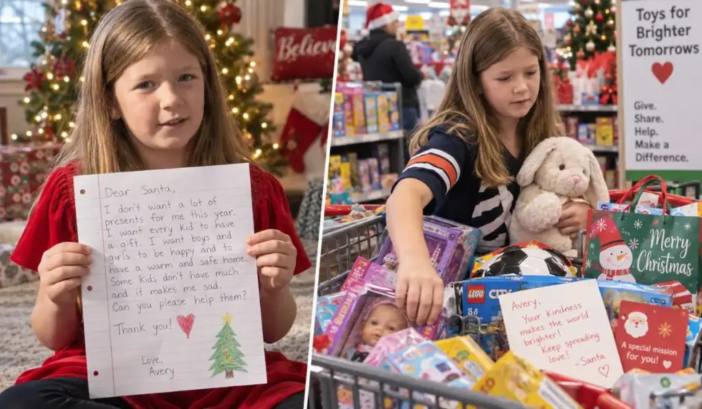 Menina de 9 anos escreve carta ao Papai Noel sem pedir um único brinquedo, abre mão dos próprios presentes e pede que outras crianças tenham uma casa quente e segura, até receber uma carta de volta com uma missão e sair escolhendo presentes para desconhecidos