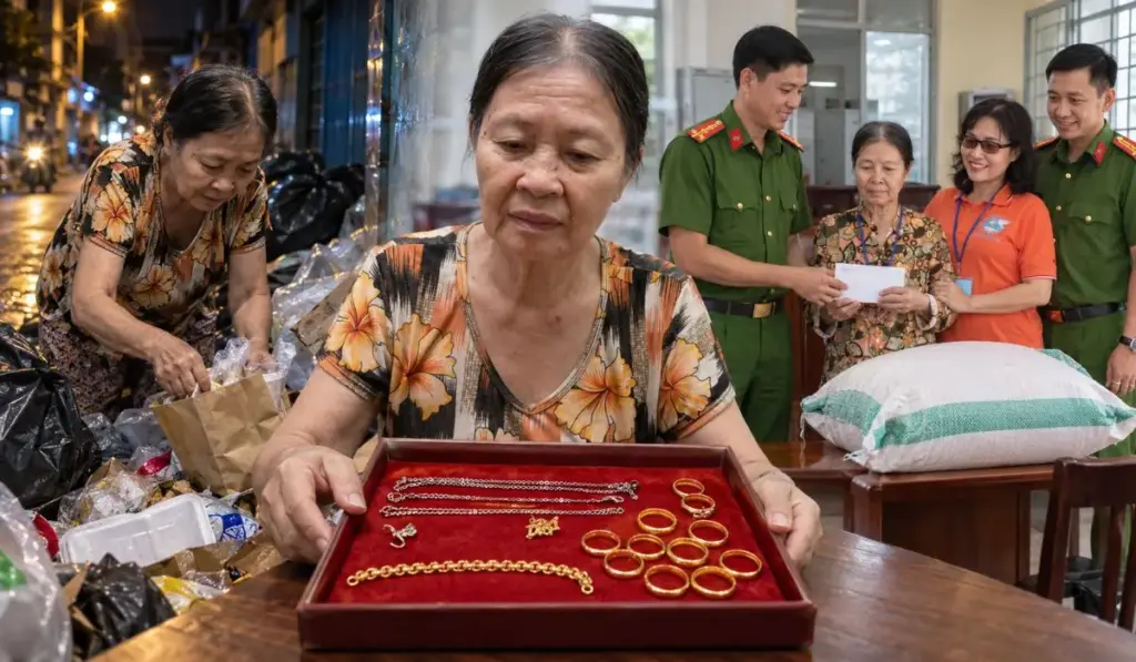 Aos 78 anos, catadora de lixo vasculha materiais descartados quase à meia-noite no Vietnã, encontra saco com 15 anéis, colares, pulseira e pingente de ouro em meio aos recicláveis, leva tudo à polícia para achar a dona e recebe cerca de R$ 1.960 e 10 kg de arroz como agradecimento
