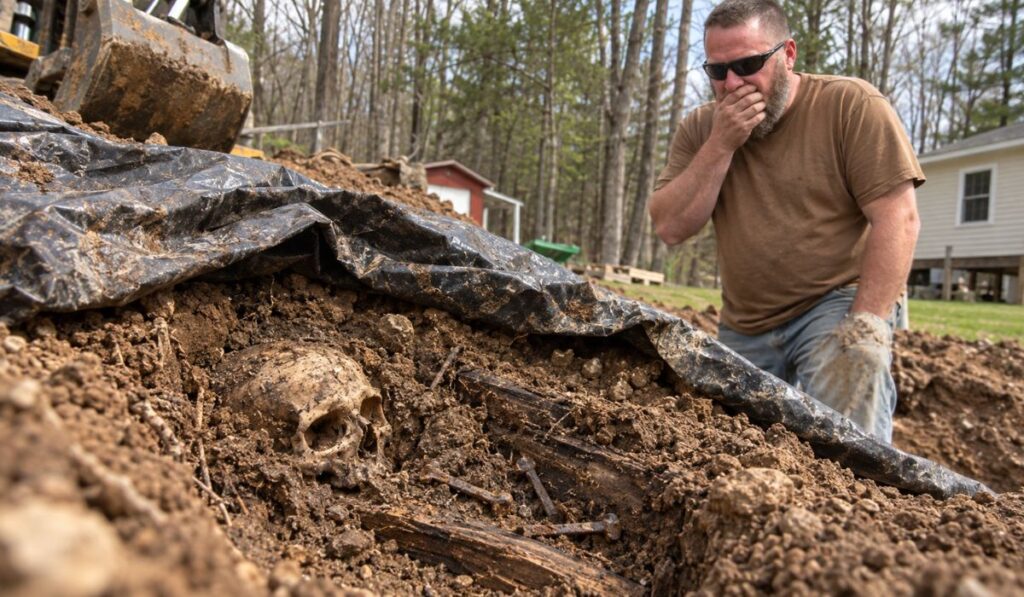 Morador escava o quintal para construir uma oficina em Nova York, vê um crânio surgir da terra e pensa ser enfeite de Halloween, mas perícia data os ossos do século XIX e novas escavações encontram madeira e pregos que apontam para antigo caixão enterrado na propriedade Morador escava o quintal para construir uma oficina em Nova York, vê um crânio surgir da terra e pensa ser enfeite de Halloween, mas perícia data os ossos do século XIX e novas escavações encontram madeira e pregos que apontam para antigo caixão enterrado na propriedade