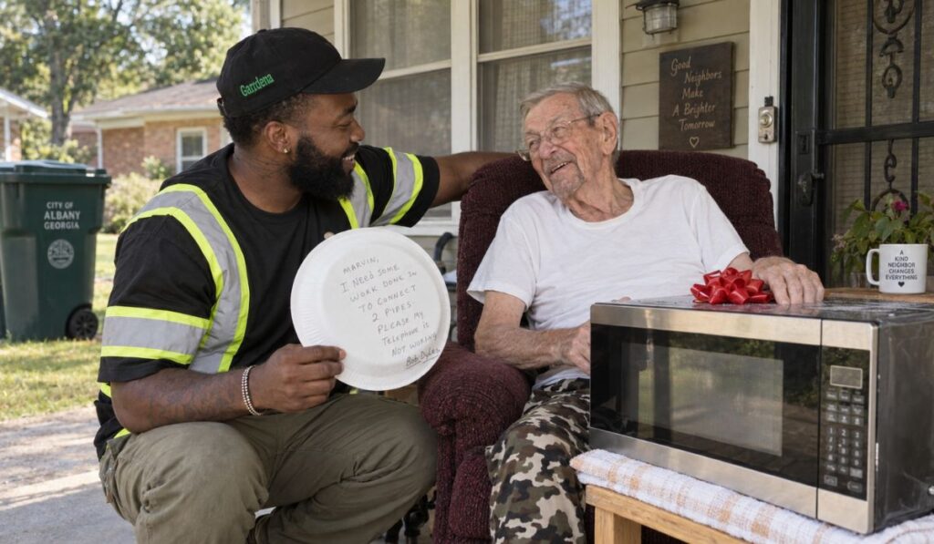 Homem vê vizinho de 94 anos com dificuldade para empurrar a lixeira, decide ajudá-lo e dias depois recebe num prato de papel um pedido para consertar o encanamento, dando início a uma amizade diária que termina com o idoso aparecendo com um micro-ondas de presente e vídeo da dupla passando de 2,5 milhões