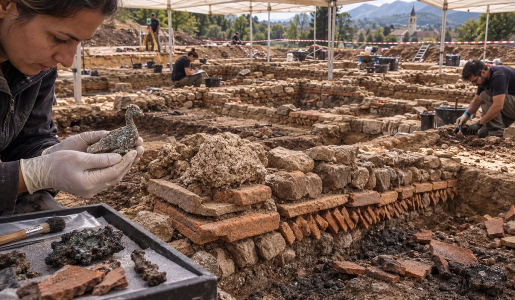 Escavação em terreno destinado a novo edifício na Suíça encontra paredes enterradas e revela complexo romano de 1.800 anos, com pelo menos 6 cômodos, vestígios de metalurgia e sinais de incêndio que encerrou sua ocupação