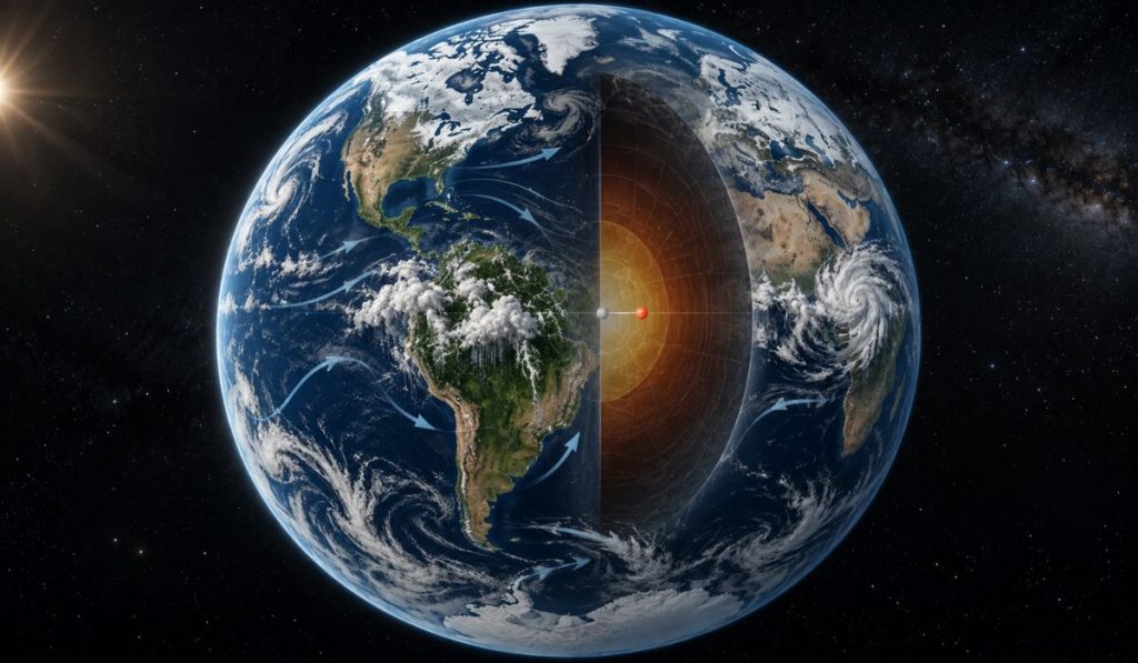 Centro da Terra se move alguns milímetros ao longo do ano à medida que neve, chuvas da Amazônia e monções redistribuem trilhões de toneladas de água pelo planeta