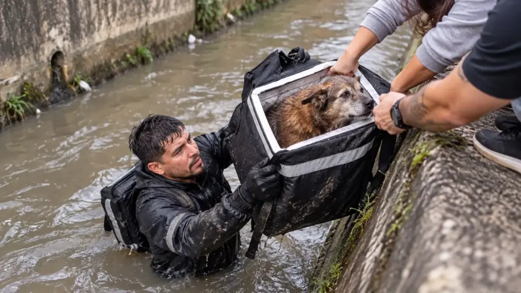 Motoboy interrompe entregas ao encontrar cachorro dentro de córrego em Santo André, entra na água e transforma a própria bag de trabalho em cesto improvisado para retirar o animal com ajuda de outras duas pessoas