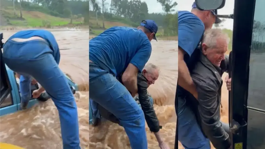 Idoso de 86 anos fica preso dentro do próprio carro enquanto água sobe acima dos vidros, veículo é arrastado até barranco e moradores usam retroescavadeira para retirá-lo com vida