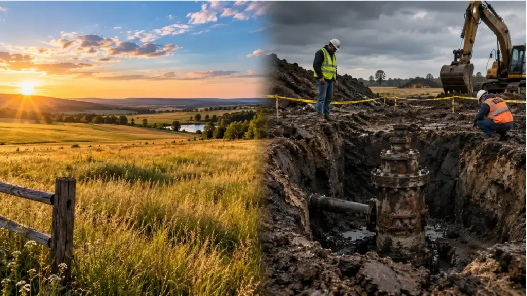 Casal compra terreno de quase 35 hectares sem saber que havia um poço de petróleo de 1985 enterrado, tenta vender parte da área 11 anos depois e descobre restrições, metano e uma disputa que atravessa oito anos