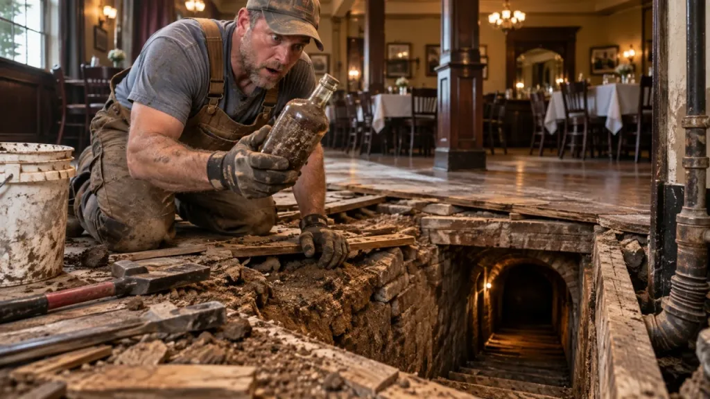 Encanador chega a hotel de 1903 apenas para puxar uma nova linha de água, encontra velha garrafa enterrada, continua cavando no mesmo ponto e descobre túnel com rampa e alçapão ligado ao álcool clandestino