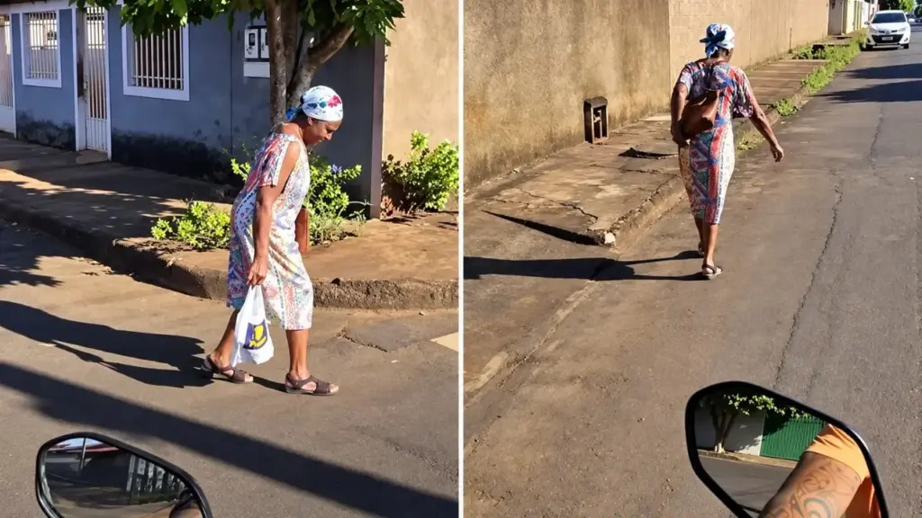 Motociclista vê idosa de 79 anos caminhando com dificuldade e carregando sacolas de mercado em Goiás, para a moto para ajudá-la e ouve que ela vinha torcendo para “aparecer um filho de Deus”, mas tinha vergonha de pedir ajuda Motociclista vê idosa de 79 anos caminhando com dificuldade e carregando sacolas de mercado em Goiás, para a moto para ajudá-la e ouve que ela vinha torcendo para “aparecer um filho de Deus”, mas tinha vergonha de pedir ajuda