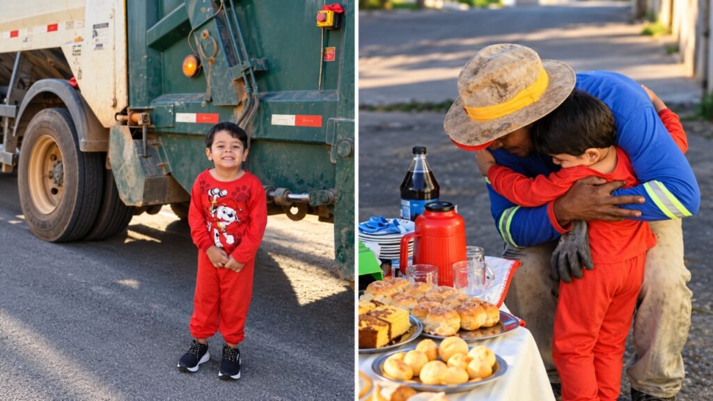 Menino de 3 anos pede aniversário com os garis que esperava passar toda semana, família monta café na calçada e trabalhadores param o caminhão para celebrar com ele Menino de 3 anos pede aniversário com os garis que esperava passar toda semana, família monta café na calçada e trabalhadores param o caminhão para celebrar com ele