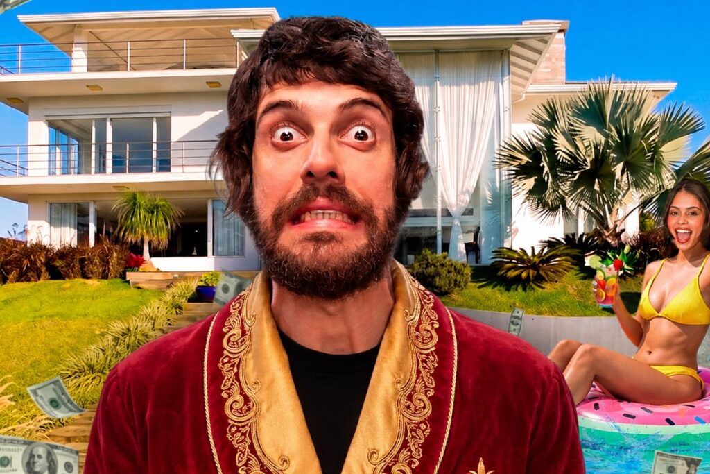 Diogo Defante abre mansão de três andares conquistada após anos de comédia, mostra piscina, área gourmet, lareira, suíte com banheira e quartos de hóspedes e ainda revela ter comprado o terreno ao lado para impedir novas construções de bloquearem o pôr do sol visto de sua casa em São Paulo
