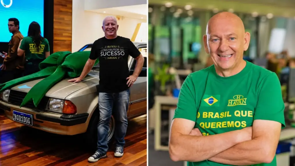 Diretor da Havan completa 40 anos de empresa ao lado do amigo de infância Luciano Hang e ganha de presente uma réplica exata do primeiro carro que teve, um Escort GL 1984 conquistado numa rifa em 1987, durante homenagem que reuniu cerca de 300 funcionários em Brusque