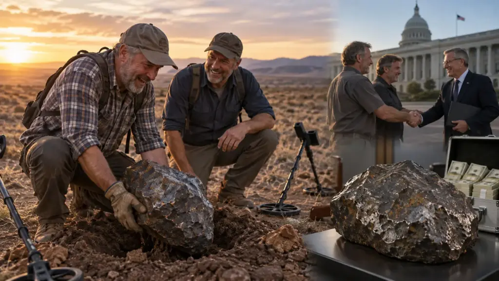 Dois amigos saem com detector de metais procurando ouro, desenterram meteorito de 24,3 kg e vendem a descoberta ao governo por cerca de R$ 738 mil Dois amigos saem com detector de metais procurando ouro, desenterram meteorito de 24,3 kg e vendem a descoberta ao governo por cerca de R$ 738 mil