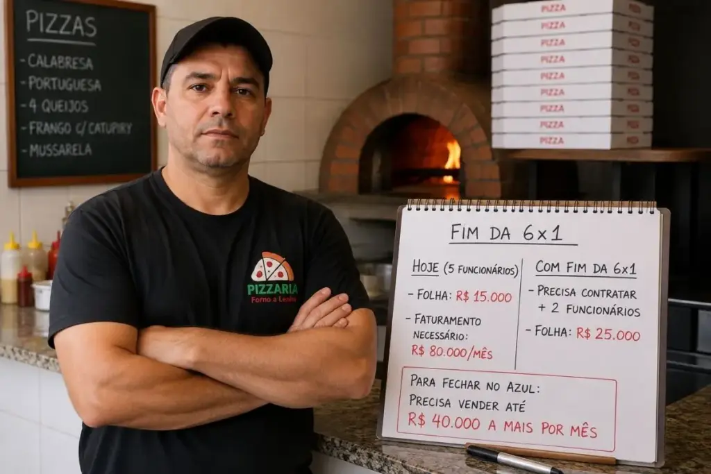Dono de pizzaria em Campo Grande com 5 funcionários fez a conta do fim da 6×1: teria de contratar mais 2, veria a folha saltar de R$ 15 mil para R$ 25 mil e precisaria vender até R$ 40 mil a mais por mês para fechar no azul