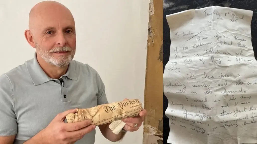 Eletricista esconde carta dentro da parede de uma casa em 1955 e escreve diretamente para quem um dia a encontrasse; 71 anos depois, um morador remove uma estante durante reforma, quase joga o pacote no lixo, abre o jornal velho que o envolvia e percebe que havia acabado de receber uma mensagem do passado Eletricista esconde carta dentro da parede de uma casa em 1955 e escreve diretamente para quem um dia a encontrasse; 71 anos depois, um morador remove uma estante durante reforma, quase joga o pacote no lixo, abre o jornal velho que o envolvia e percebe que havia acabado de receber uma mensagem do passado
