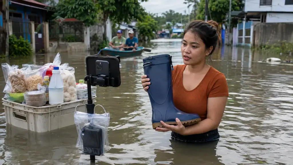 Com água pela cintura, empreendedora de 25 anos faz live de vendas, usa celular e bateria portátil, apresenta botas, alimentos e produtos domésticos, enquanto vizinhos passam por ela de canoa nas Filipinas Com água pela cintura, empreendedora de 25 anos faz live de vendas, usa celular e bateria portátil, apresenta botas, alimentos e produtos domésticos, enquanto vizinhos passam por ela de canoa nas Filipinas