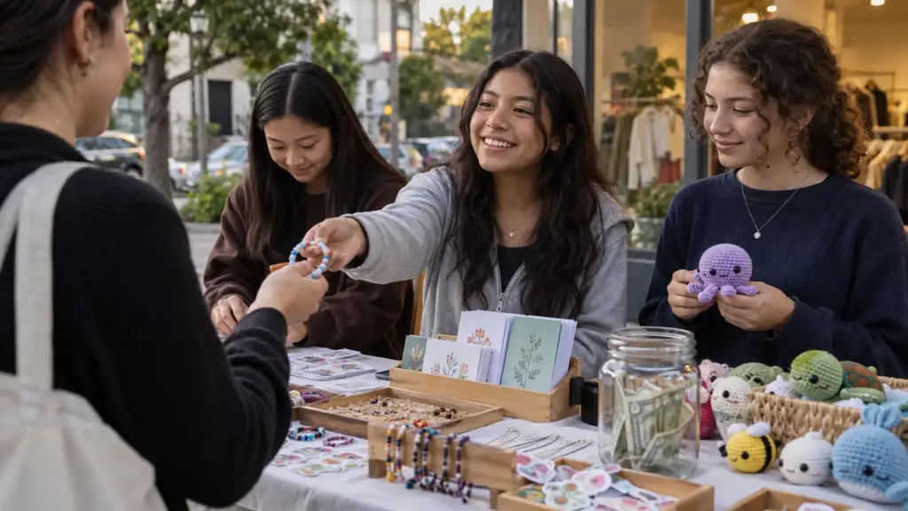 Três estudantes passam semanas produzindo pulseiras, cartões, bichos de crochê e adesivos, vendem as peças diante de brechó e arrecadam US$ 1.050 para hospital infantil Três estudantes passam semanas produzindo pulseiras, cartões, bichos de crochê e adesivos, vendem as peças diante de brechó e arrecadam US$ 1.050 para hospital infantil